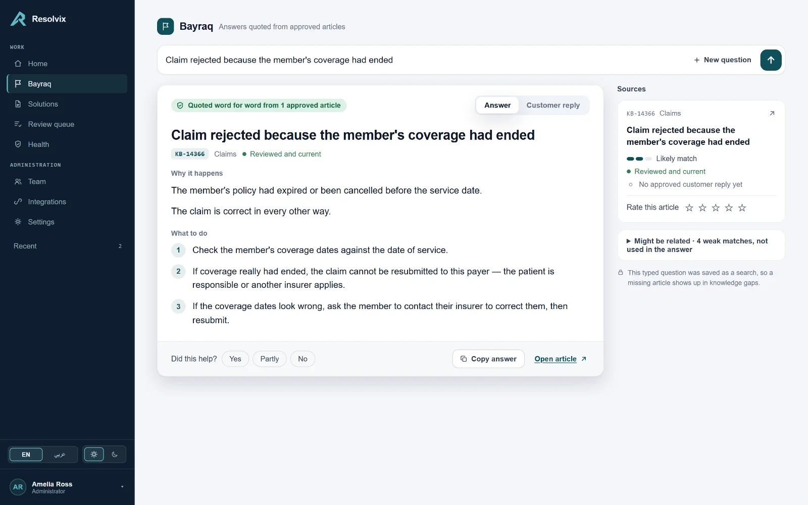 Bayraq answering a claims question with steps quoted from one approved article, its source marked reviewed and current.